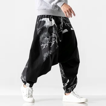 Голям Размер 4XL 5XL Мъжки Панталони в стил хип-хоп, Черно Лоскутные Улични Панталон с Еластична Талия, Свободни Панталони в Китайски Стил, Ежедневни Връхни Дрехи