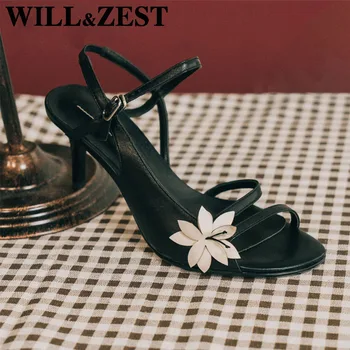 Will & Жар/Дамски Сандали 2020 г., дамски обувки с бели Цветя Модел дамски обувки На висок ток-висок ток, Размер 39, Модни Черна Естествена Кожа