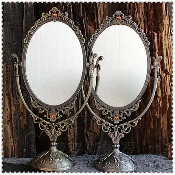 античен tin / бронзова декоративно огледало за грим, двойно огледало за суета с огледален стъклопакет, декоративно огледало в рамка JHZ018