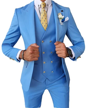 Мъжки костюми, 3 предмет, Приталенные Бизнес костюми на Младоженеца, Сини Благородни Сиво-Бели смокинги за формално сватбен костюм (Сако + панталон + елек)