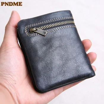 PNDME Просто случаен дизайнерски мъжки кратък портфейл от естествена кожа, мини-малка чантата си, Жена студентски чантата си в изправено стил