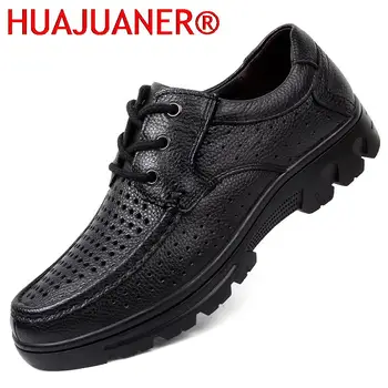 Лятна мъжки ежедневни обувки, Дишаща лоферы от естествена телешка кожа, дантела, мъжки Класически кухи Черни обувки на платформа, по-Големи Размери 37-50