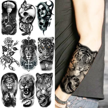 Тигър Черепа на Скелет Временни Татуировки За Жени, Мъже Война Вампир Скорпион Лъв Розата е Цветето на Фалшиви Татуировки Стикер Ръка Татуировка 3D