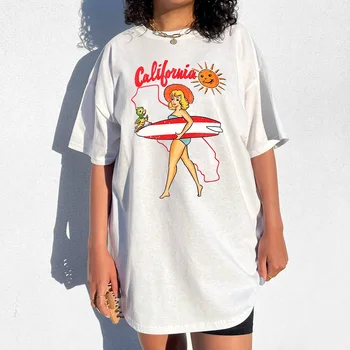 California Ms сърфирах Печат Ретро Стил за Дамски Бели тениски С Къс Ръкав Свободни Памучни Графични Тениски 90 s Лятна Ежедневни Риза