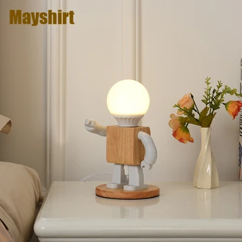 Модерна Дървена Робот LED Настолни Лампи Скандинавски Декор За Спалня Дневна Нощна Настолна Лампа Празничен Подарък за Детска Стая, осветителни Тела