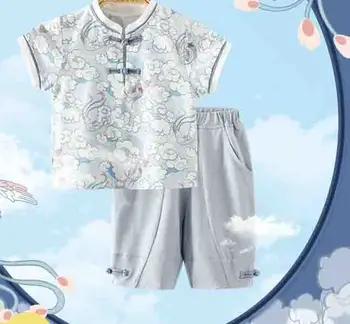 2022 г., детски костюм Hanfu за момчета в китайски стил, Комплект за детско облекло с къси ръкави, Творчески Дишаща Костюм от 2 теми с принтом LC911