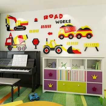 WS47 3D cartoony автомобил Акрилни стерео стикери за стена, за стаята на малките момчета, спалня, детска, стикери за стена