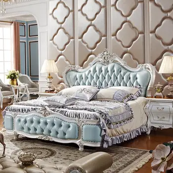 Легло в европейски стил, легло от масивно дърво, двойно легло 1,8 м, легло с високо чекмедже, кожена резбовани легло френска принцеса, луксозна сватбена легло 3021