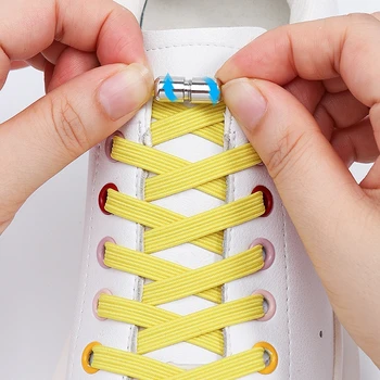 1 Чифт Плоски връзки за маратонки Ластични шнурове за обувки без завязок Бързо се поставят и свалят Мързеливи ремък за обувки с кръгла метална брава