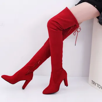 Пикантни зимни дамски червени ботуши над коляното от еластична тъкан, обувки без закопчалка на високи токчета, женските са дълги ботуши с остри пръсти, Размер 34-43