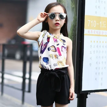 Върховете на по-големи момичета, Лятото на 2019, Нова Корейска Модни Шифоновая Блуза на Бретелях, Костюм с пет Штанами, Детски Дрехи от 6 до 10 Години