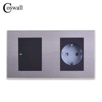 Стенни изход Coswall 16A стандарт на ЕС за + 1 Банда 1 Начин за Включване/Изключване на осветлението С led индикатор Панел от неръждаема Стомана 160*86 мм