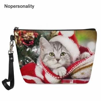 Nopersonality Дамски Косметичка с Коледните Шарките на Котки и Кучета, Чантата е От Изкуствена Кожа, Чанта За Съхранение на Козметика, Коледен Подарък