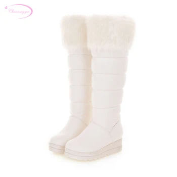Chainingyee/ зимни топли, стилни и удобни ботуши до коляното на равна подметка, модни дамски зимни обувки на платформа среден размер черен и бял цвят