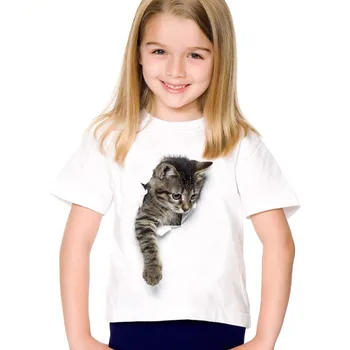 2021 Новата модерна Детска Бяла тениска с хубав принтом за момичета и 3D Котка, лятна Забавно Облекло Kawaii, Дрехи за малки деца Y2K, Директна доставка