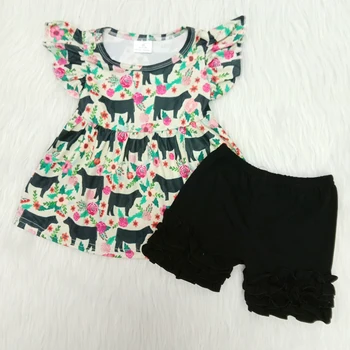 риза грушевого цветове за малки момичета и черни шорти, комплект от 2 теми, комплект дрехи с къси ръкави за момичета, комплект дрехи с шарени животни и рози