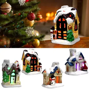 Смола Коледна Сцена Селски Украса Занаяти Къща-Град С Ярък Led Мигаща Светлина Батерия Работи Коледна Украса