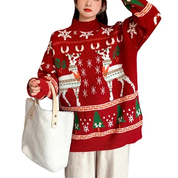 Мода 2021, Женски Коледен Пуловер С Забавен Принтом Елен, Блузи С Дълги Ръкави, Коледна Hoody С Имитация На Шията, Зимни И Коледни Пуловери