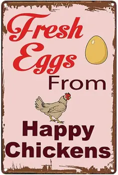 Оригинален Ретро дизайн, Свежи яйца от Щастливи Пилета | Лидице Метална Табела, монтиран на стената Плакат с дебел и твърд Печат