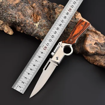 Открит сгъваем нож с дървена дръжка от неръждаема стомана преносим нож за оцеляване многофункционален отбранителни тактически нож
