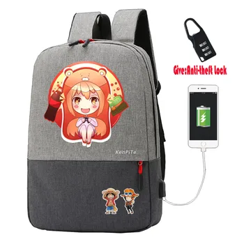 аниме Химуто! Раница Umaru-chan, студентски чанти за книги, юношеството Противоугонный Раница за зареждане чрез USB, Раница за пътуване, Унисекс, Лаптоп