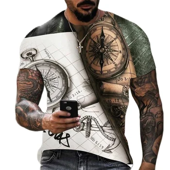 Модни летни мъжки ризи с 3D принтом компас, тениски големи размери в стил хип-хоп, с кръстосано деколте и къси ръкави, широки дрехи, блузи
