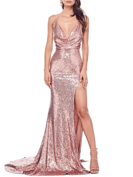 3 розови V-образни силует на тънки спагети презрамки, натурална русалка/тръба с дължина до пода, с дълги вечерни рокли с пайети/вечерни рокли с цепка, безплатна доставка