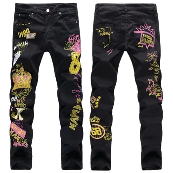 Нов Европейски американски уличен хип-хоп модерен мъжки мъжки мъжки черен памук висок клас цветни панталони с 3D принтом стрейчевые дънкови панталони