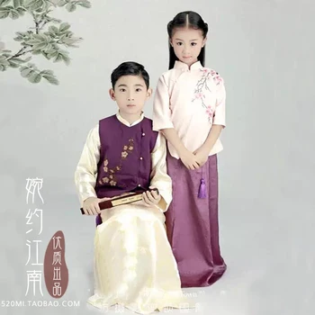 Така Цин Qiu Китайски Републиканския Период Костюм, Малко момче и едно Малко Момиче Hanfu Фотография Използва Сценичното представяне