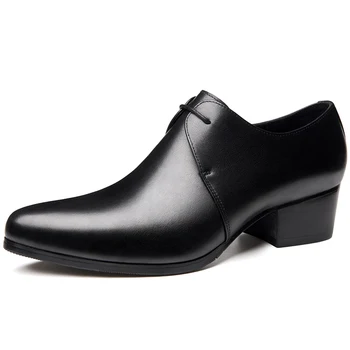 Нови мъжки модни оксфордские обувки на висок ток с шнур и остри пръсти, черните сватбени модела обувки, мъжки обувки, увеличаване на растежа