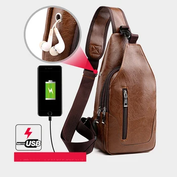LKEEP Мъжки Нагрудная Чанта, Мъжка Кожена Нагрудная Чанта USB Backbag С Дупка За Слушалки Функционален Органайзер За Пътуване Мъжки чанти-Прашка