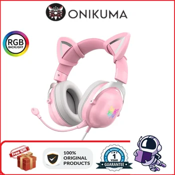 Слот за Слушалки ONIKUMA X11 с Гъвкава HD-Микрофон 360 °, Подвижна Кошачьим Ухото, RGB Подсветка, Детска Слушалки за Компютър PC Gamer