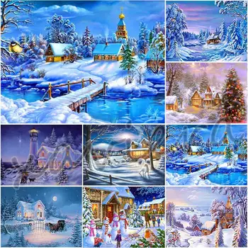 Направи си сам 5D Диамантена Живопис Пълна Тренировка Бродерия Зимата Снежна Пейзаж Диамантена Мозайка от Планински Кристал, Определени За Кръстат Бод Коледен Подарък
