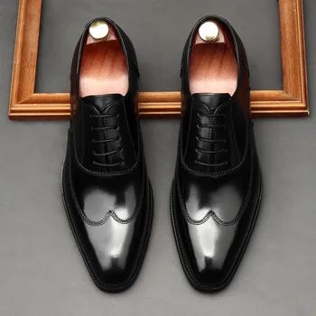 Мъжки Официалната Обувки Oxfords От Естествена Телешка Кожа, За Мъже, Бизнес Рокля, Сватбени Луксозни Черни, Кафяви Обувки Дантела С Остри пръсти