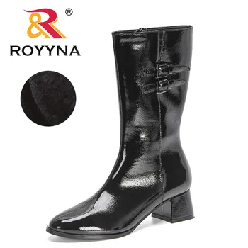ROYYNA/Новост 2022 г.; дизайнерски ботуши до коляното; дамски нескользящая обувки; дамски Къси плюшени ботуши на масивна обувки от лачена кожа с цип; Feminimo