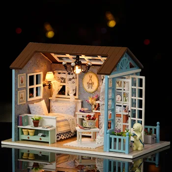 Led двор сладка куклена къща, мебели, направи си сам куклена къща diy wooden куклена къща миниатюрен куклена къща, мебели Комплект детски играчки за дома