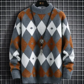 Нова Зима 2023 Корейски Красив Argyle Мъжки Пуловери Висок Клас Норковый Вълнен Пуловер, Мъжки Дрехи Поло Коледен Пуловер