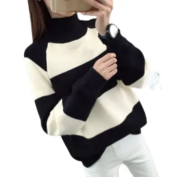 2021 Пуловер женски свободен кратък абзац Пролетно-зимния сгъсти корейски черно-бели райета долния пуловер