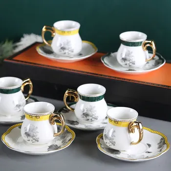 Ретро китайски стил еспресо керамични кафеена чаша и чиния комплект от 6 теми Малка кафеена чаша мини-чаша чаша чаша кафе