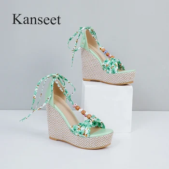 Kanseet нови дамски сандали лято 2021 декорация от мъниста, ръчно изработени дамски обувки клинове Моден дизайн Секси 12,5 см супер високи токчета