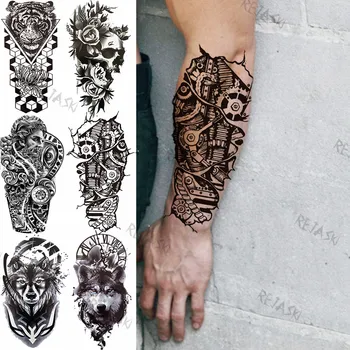 Машинно Ръка Временни Татуировки За Мъже Жени Геометричен тигър вълк череп самурай Фалшива Татуировка на Ръката на Робота се Признае Ръкав Татуировки