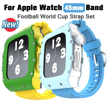 Метален Комплект Модификация На Apple Watch Series 8 7 6 5 44 мм Корпус От Неръждаема Стомана Apple watch 45 мм и каишка От Фторокаучука Спортен каишка