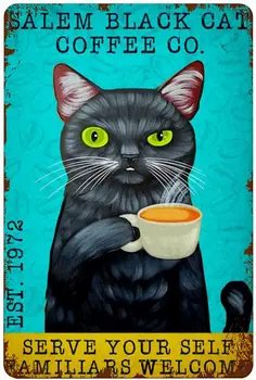 Salem Black Cat Coffee Co Метални Консервени Означения Стенен Декор, Реколта Лидице Знак Стенни Художествена Дъска Декорация от Стенни Картини Забавни Подаръци за Кухни