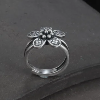 100% S925 Сребро цвете ретро пясък матиран цвете пръстен върху показалеца си откритие регулируем пръстен в национален стил