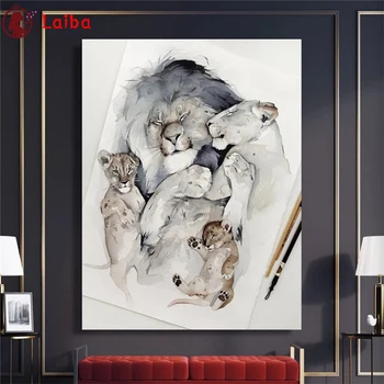 Диамантена Мозайка на Абстрактното изкуство животни, семейство лъвове кръгла бормашина Бродерия на кръстат бод Диамантена Бродерия Картина на Пълен Квадратен Декор За Дома