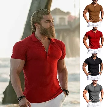 2022 лятна нова мъжки спортни дрехи за фитнес, высокоэластичная риза с къси ръкави на вертикални райета с къси ръкави, тънка трикотажная долна риза