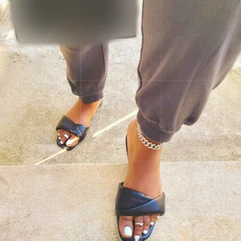 Дамски Нагънат Чехли с квадратни пръсти, 2021 г., Женски Обикновена Обувки на плоска подметка с отворени пръсти, Лятна Дамски Обувки От Изкуствена кожа, Дамски Плажни Обувки-Големи Размери