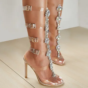 Дамски обувки големи размери, прозрачна обтегач на колана, римски стръмни обувки с пирсингом, модни сандали на висок ток с кристали, дамски високи ботуши