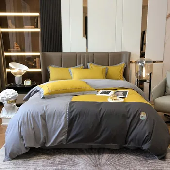 Геометричен Жълто-сив Чаршаф в стил Мозайка, Двоен комплект спално бельо Queen King от мека 100% Памук, 1 Чаршаф, 1 Чаршаф, 2 калъфки за възглавници