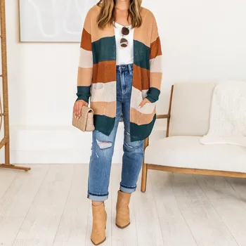 Есенно-зимна жилетка в тона на цвета 2022, нов дамски свободен пуловер със средна дължина, жена